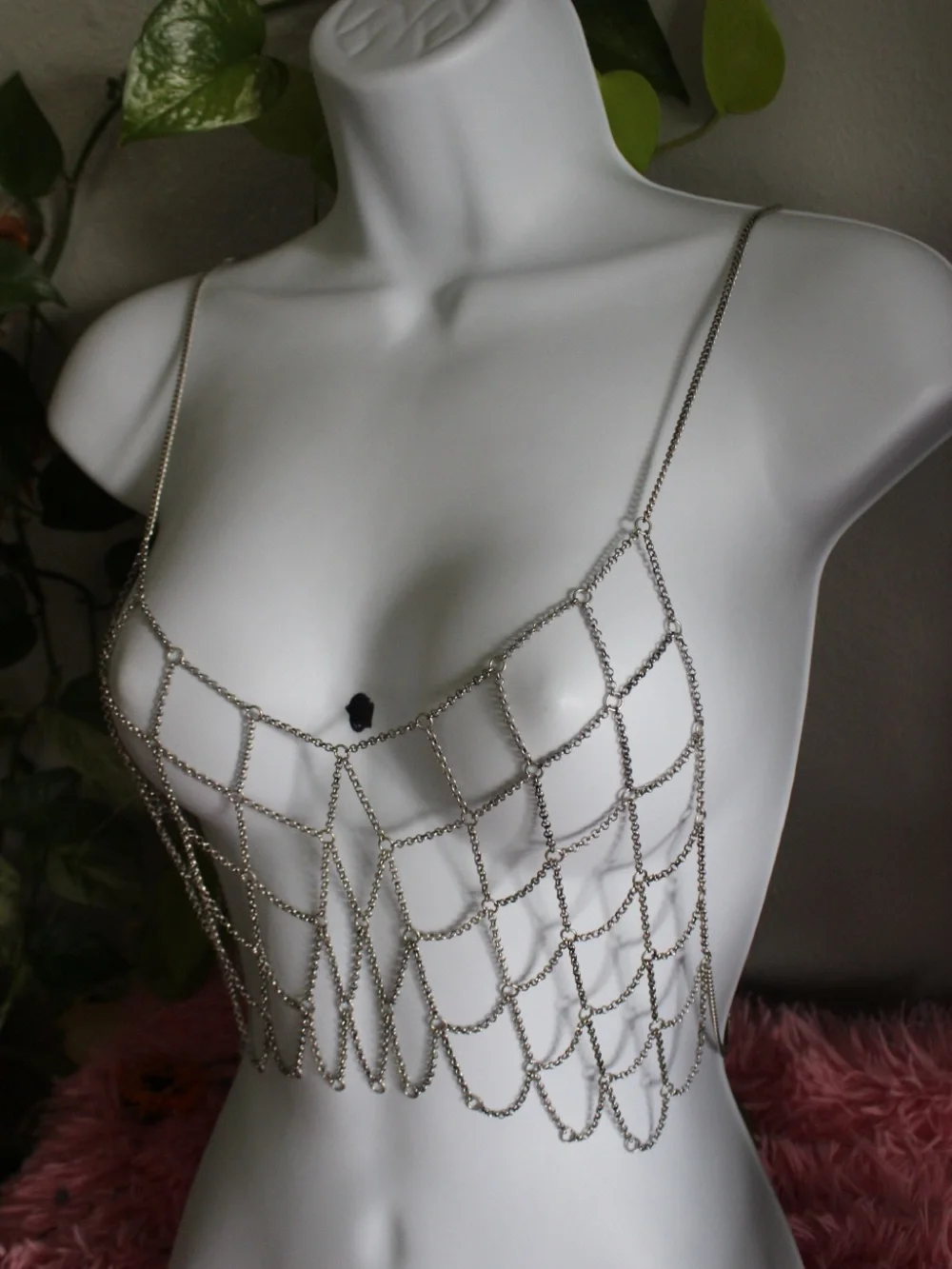 Silver Draped Chain Body Jewelry Bralette Top Statement Festival Piece MSRP $88